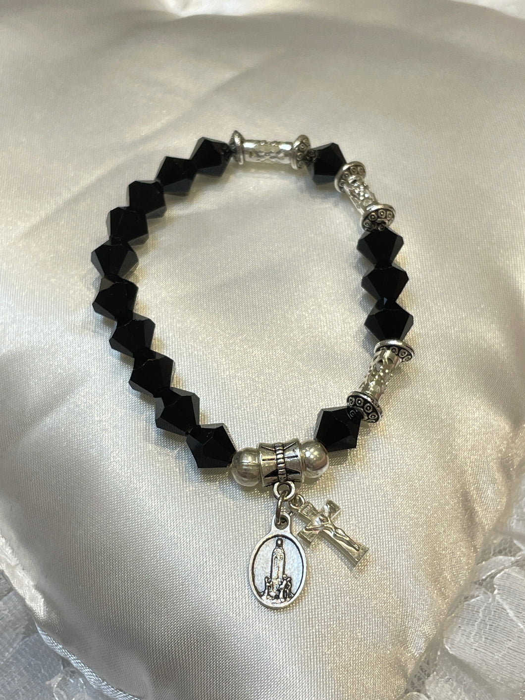 Black Crystal Rosary Bracelet with Our Lady of Fatima and Crucifix Charms