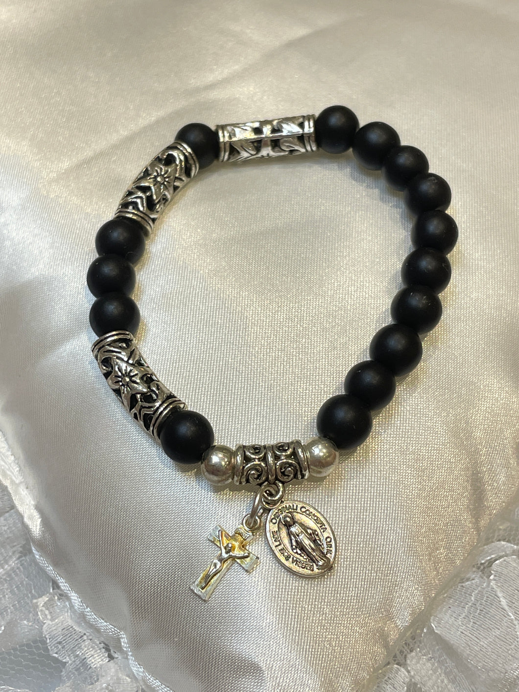 Black Gemstone Rosary Bracelet with Miraculous Medal and Crucifix Charms