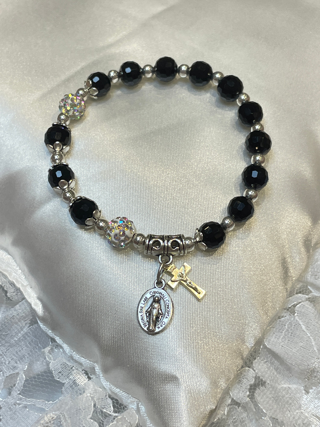 Black Crystal Rosary Bracelet with Miraculous Medal and Crucifix Charms