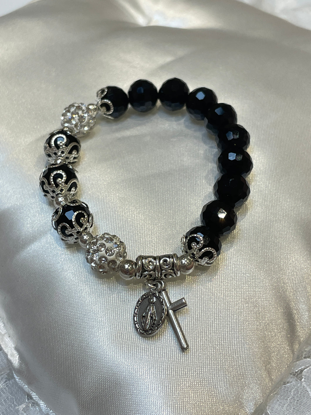 Black and Silver Gemstone Rosary Bracelet with Miraculous Medal and Cross Charms
