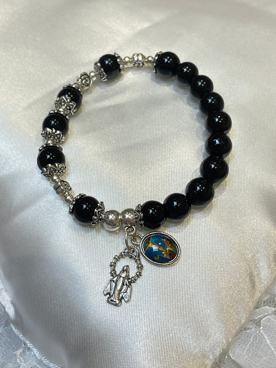 Black Gemstone Rosary Bracelet with Our Lady of Grace and Crucified Jesus Image Charms