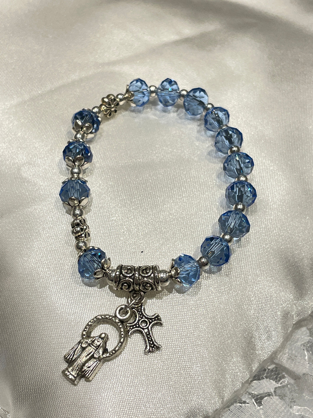 Blue Crystal Rosary Bracelet with Our Lady of Grace and Cross Charms