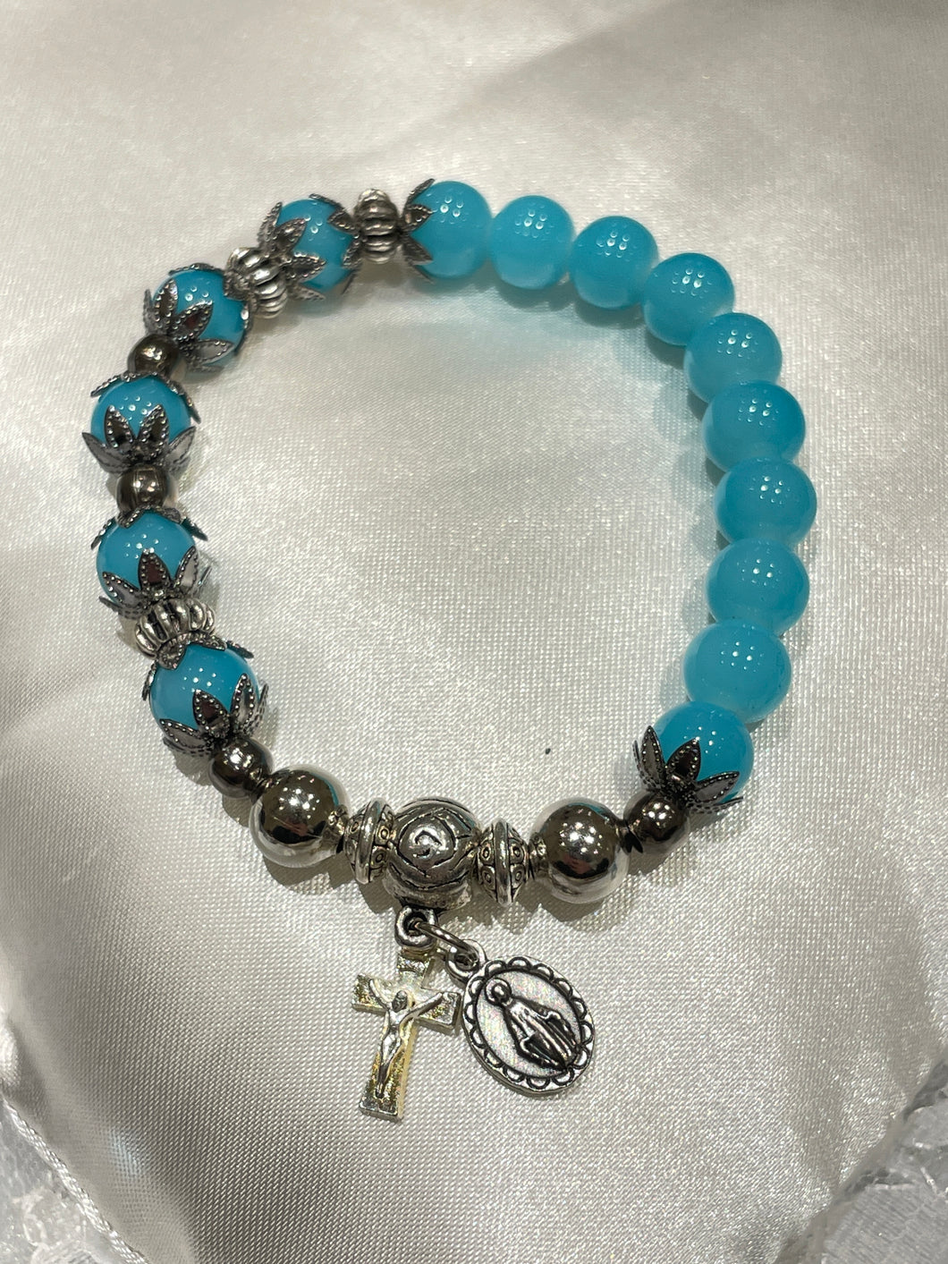 Blue Gemstone Rosary Bracelet with Miraculous Medal and Crucifix Charms