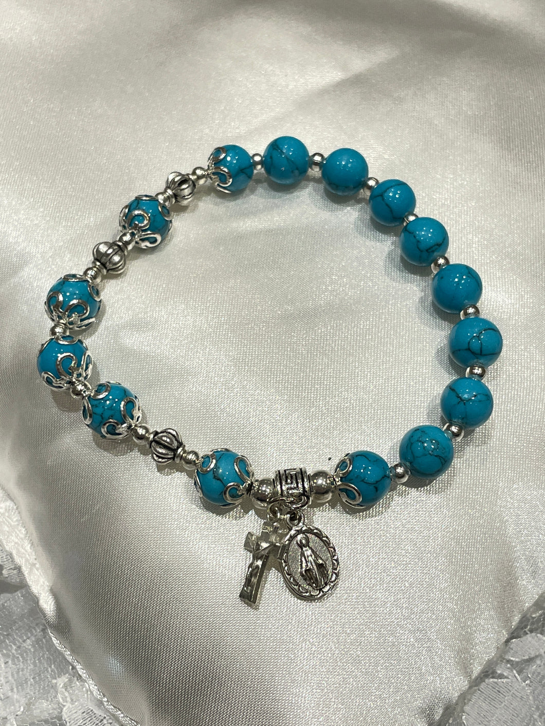 Blue Gemstone Rosary Bracelet with Miraculous Medal and Crucifix Charms