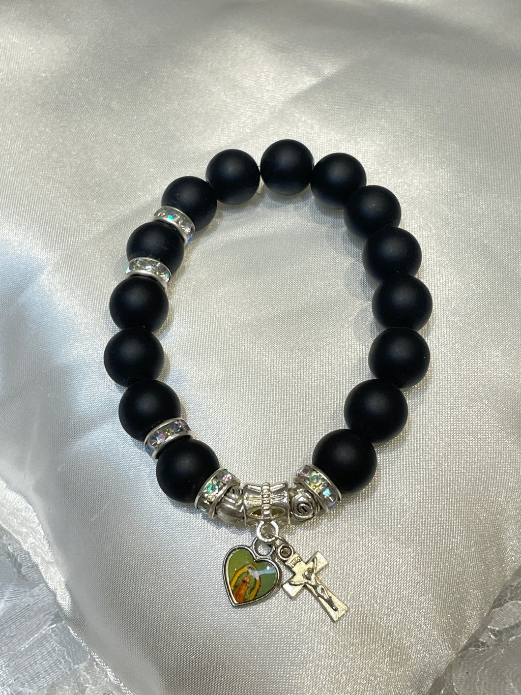 Matte Black Gemstone Rosary Bracelet with Our Lady of Guadalupe and Crucifix Charms