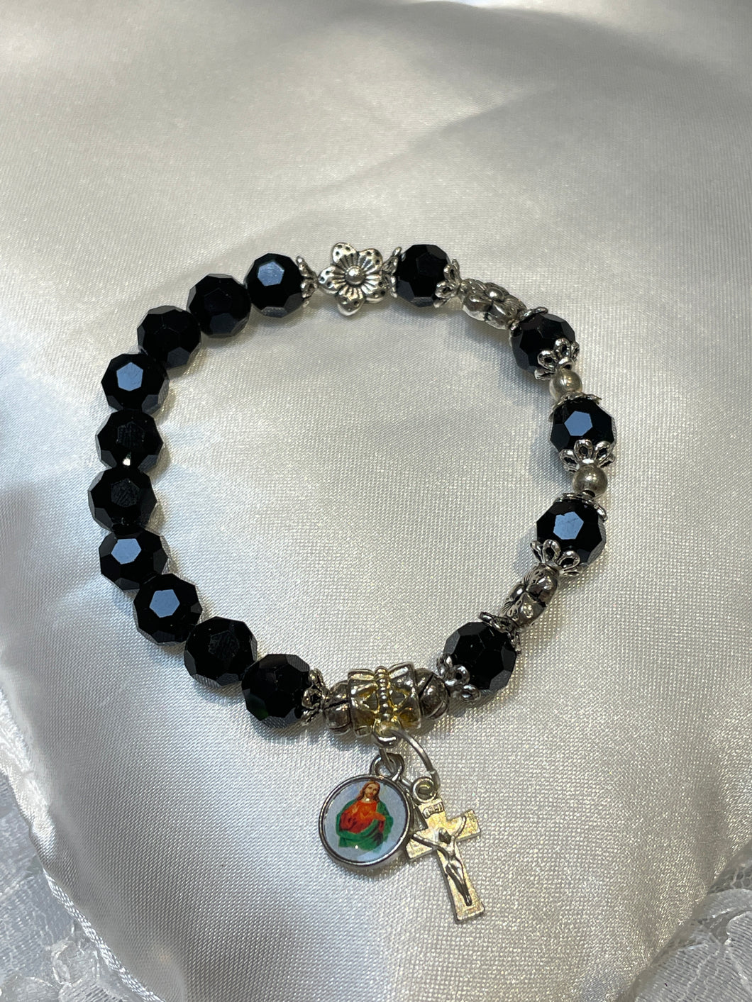 Black Gemstone Rosary Bracelet with Sacred Heart of Jesus Image and Crucifix Charms