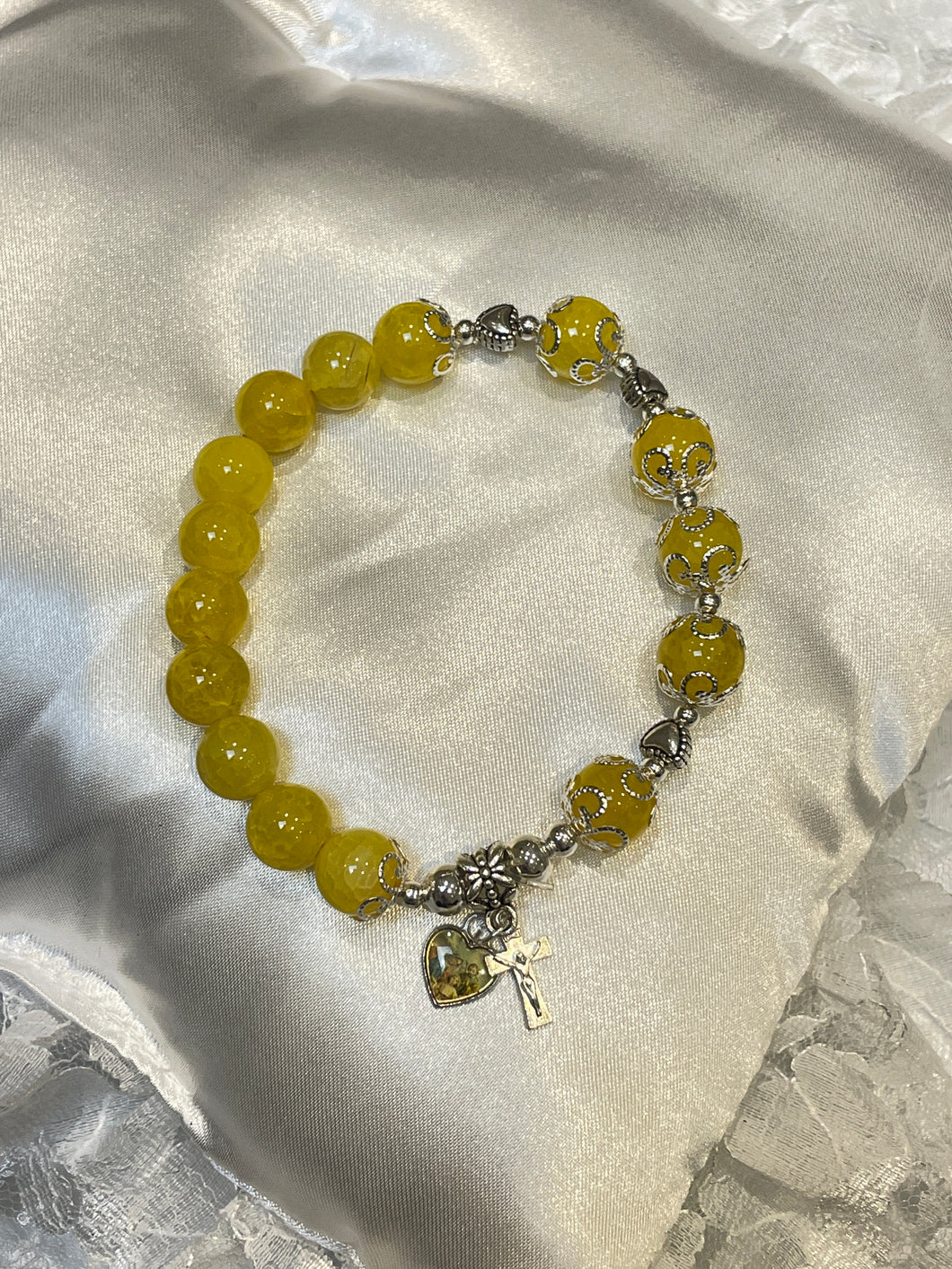 Bright Yellow Gemstone Rosary Bracelet with Holy Family Image and Crucifix Charms
