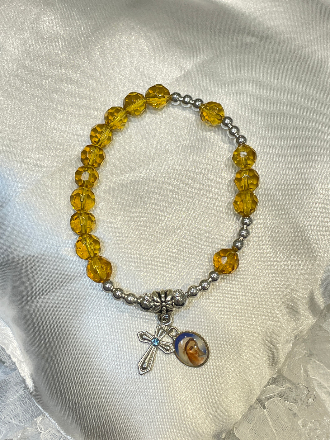 Amber Crystal Rosary Bracelet with Our Lady Image and Cross Charms